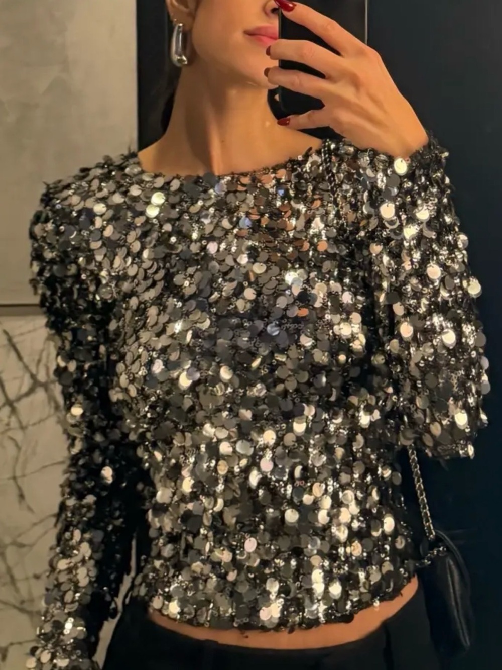 Zara Silver Sequin Long-Sleeve Crop Top